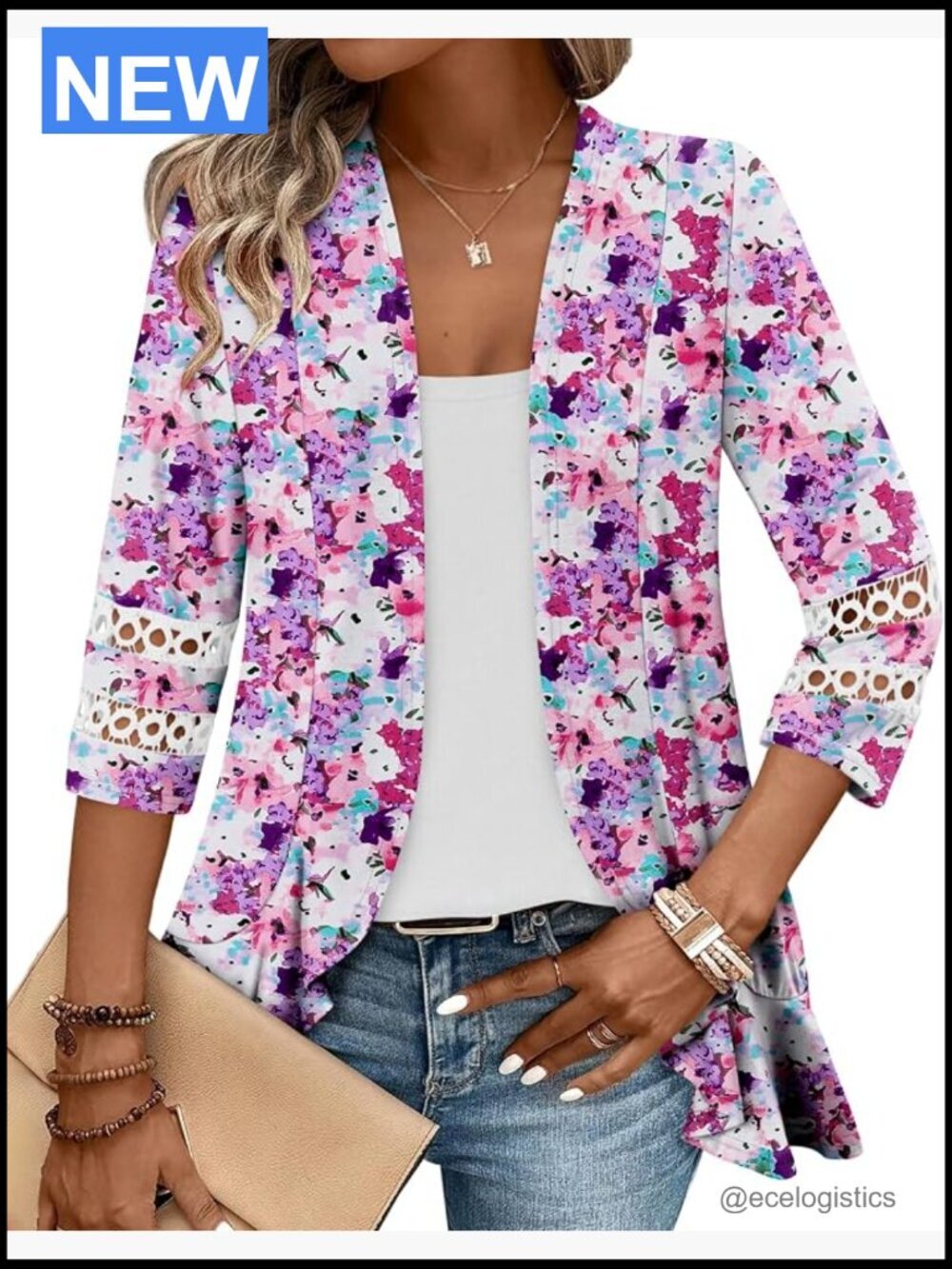 Womens Casual Open Front Cardigan Lightweight Soft Draped Ruffles 3/4 Sleeve